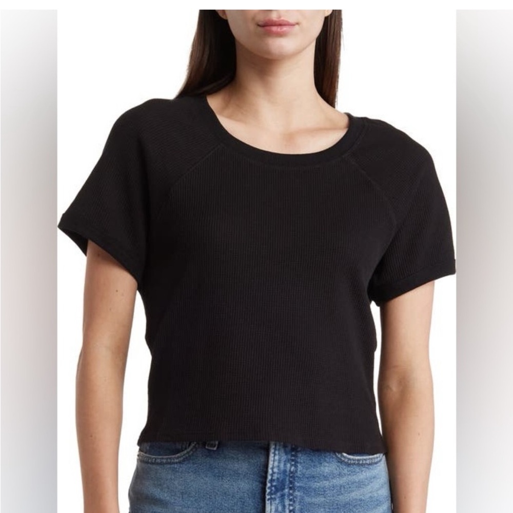 Good American Thermal Waffle Knit Black Short Sleeve Tee Sz 1